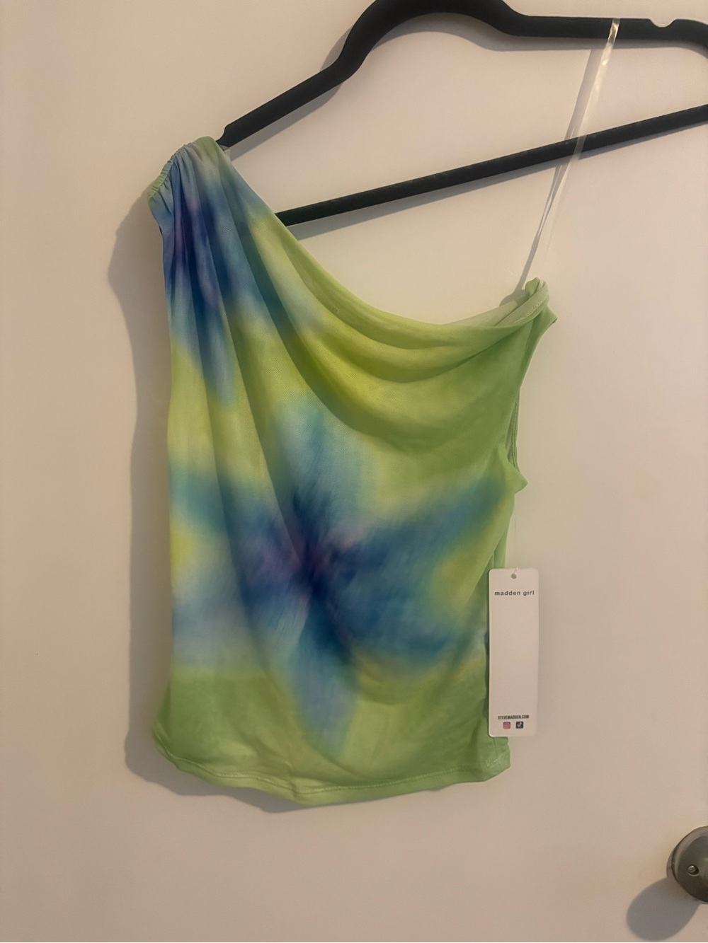 NWT Madden Girl One-Shoulder Tie-Dye Tank in Lime Green and Blue